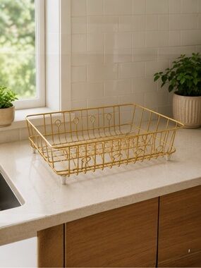 Vintage Rubber Coated Wire Dish Drying Rack Yellow Countertop Sink Drainer large